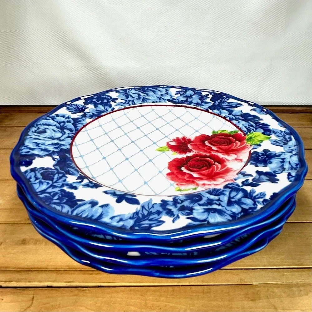Set Of 4 Pioneer Woman Heritage Floral 10.25 Dinner Plate Cobalt Blue Red Flower